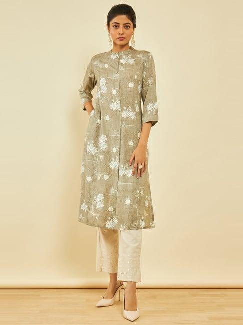 soch grey rayon floral and geometric print straight kurta with pocket