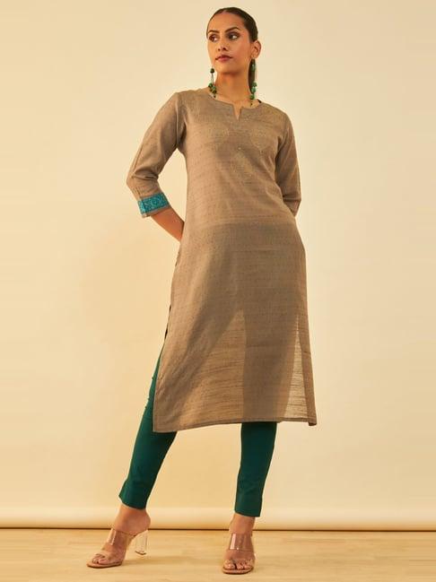 soch grey silk blend foil print straight kurta with sequin embellishments