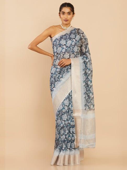 soch grey silk printed saree with unstitched blouse