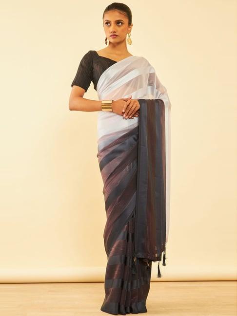 soch grey striped saree with unstitched blouse