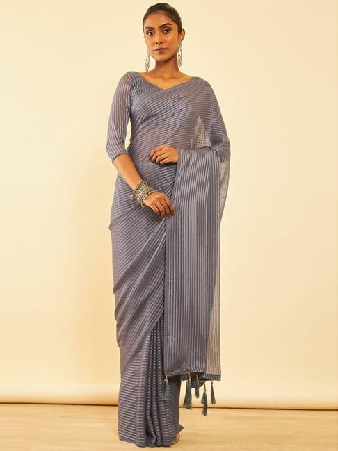 soch grey striped saree with unstitched blouse