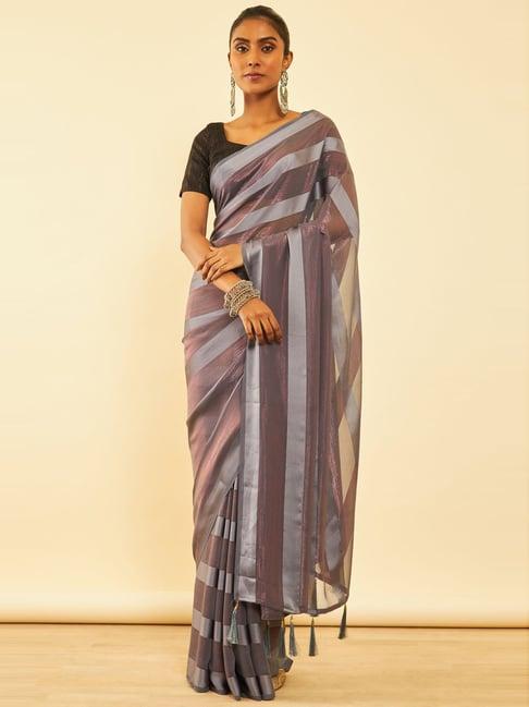 soch grey striped saree with unstitched blouse