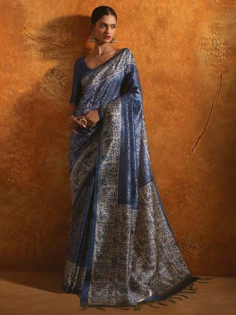 soch indigo printed saree with unstitched blouse