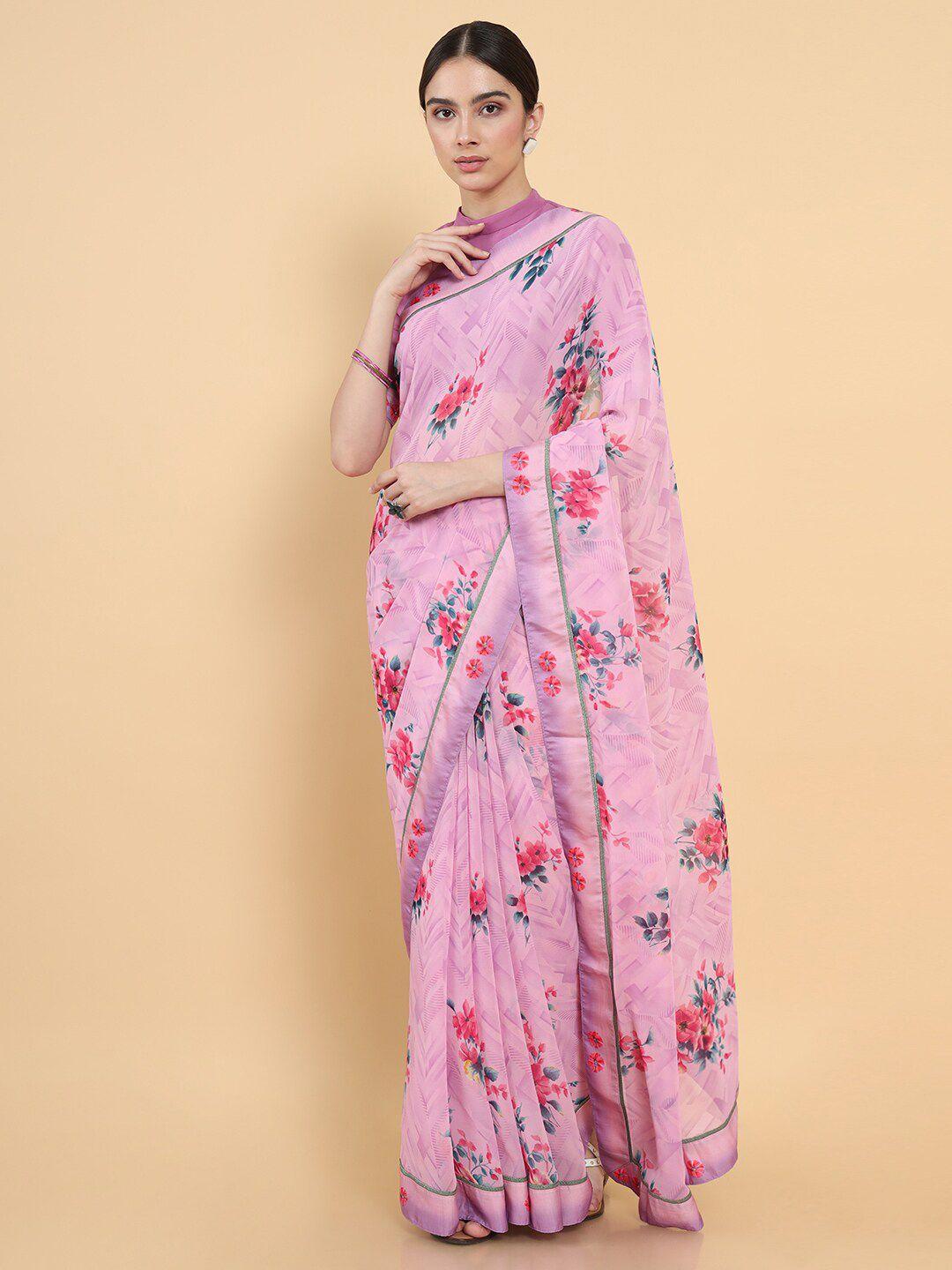 soch lavender & pink poly chiffon printed saree