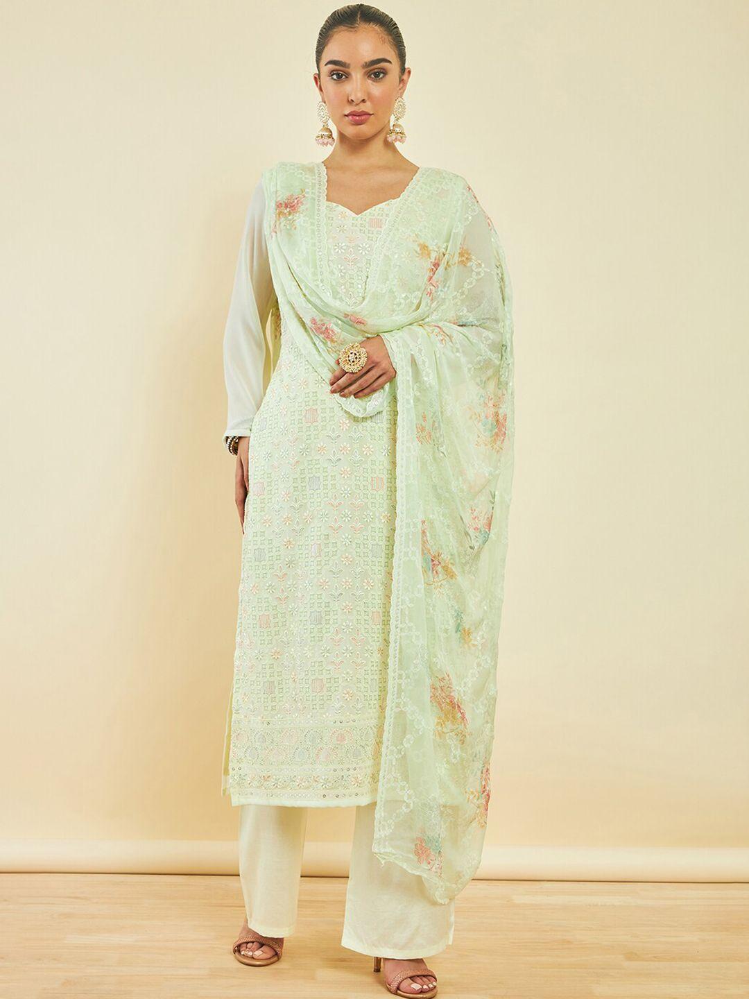 soch light yellow floral embroidered sequinned unstitched dress material