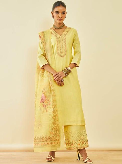 soch light yellow silk blend floral embroidered palazzo suit set with dupatta