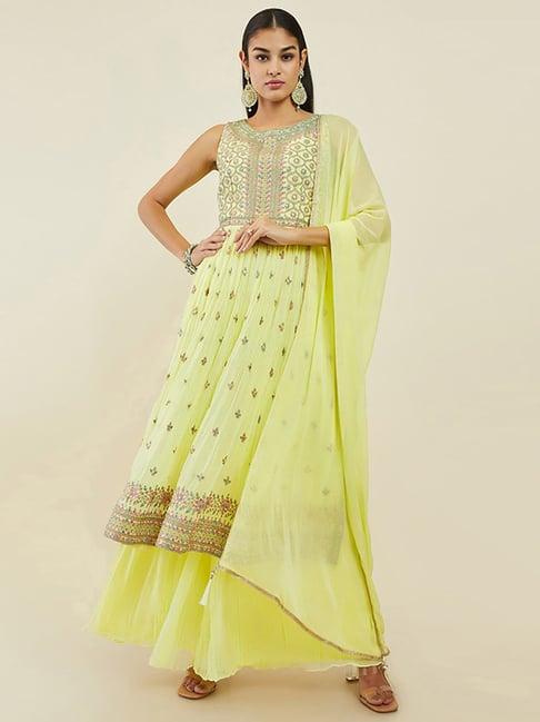 soch lime yellow embroidered kurta palazzo set with dupatta