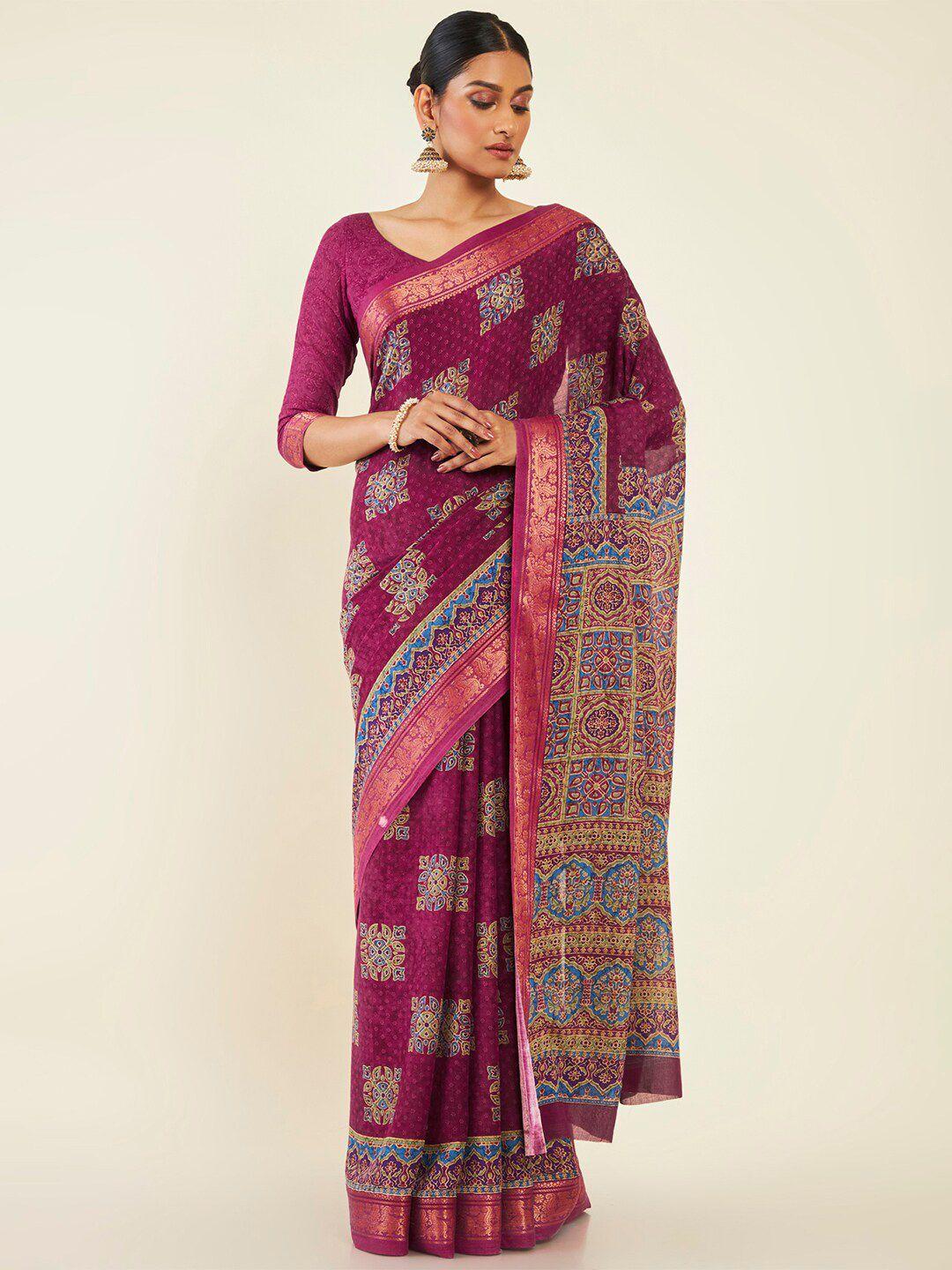 soch magenta & blue ethnic motifs zari pure cotton saree