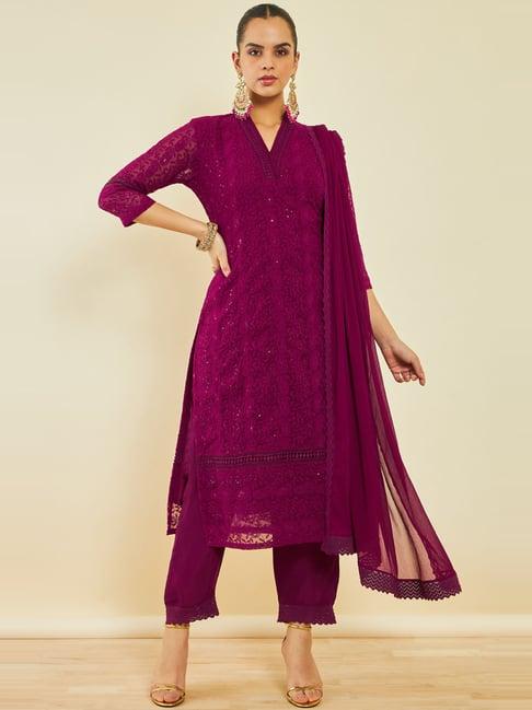 soch magenta embroidered kurta pant set with dupatta