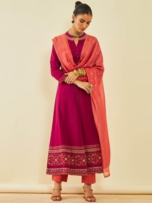 soch magenta silk blend floral embroidered a-line suit set with dupatta