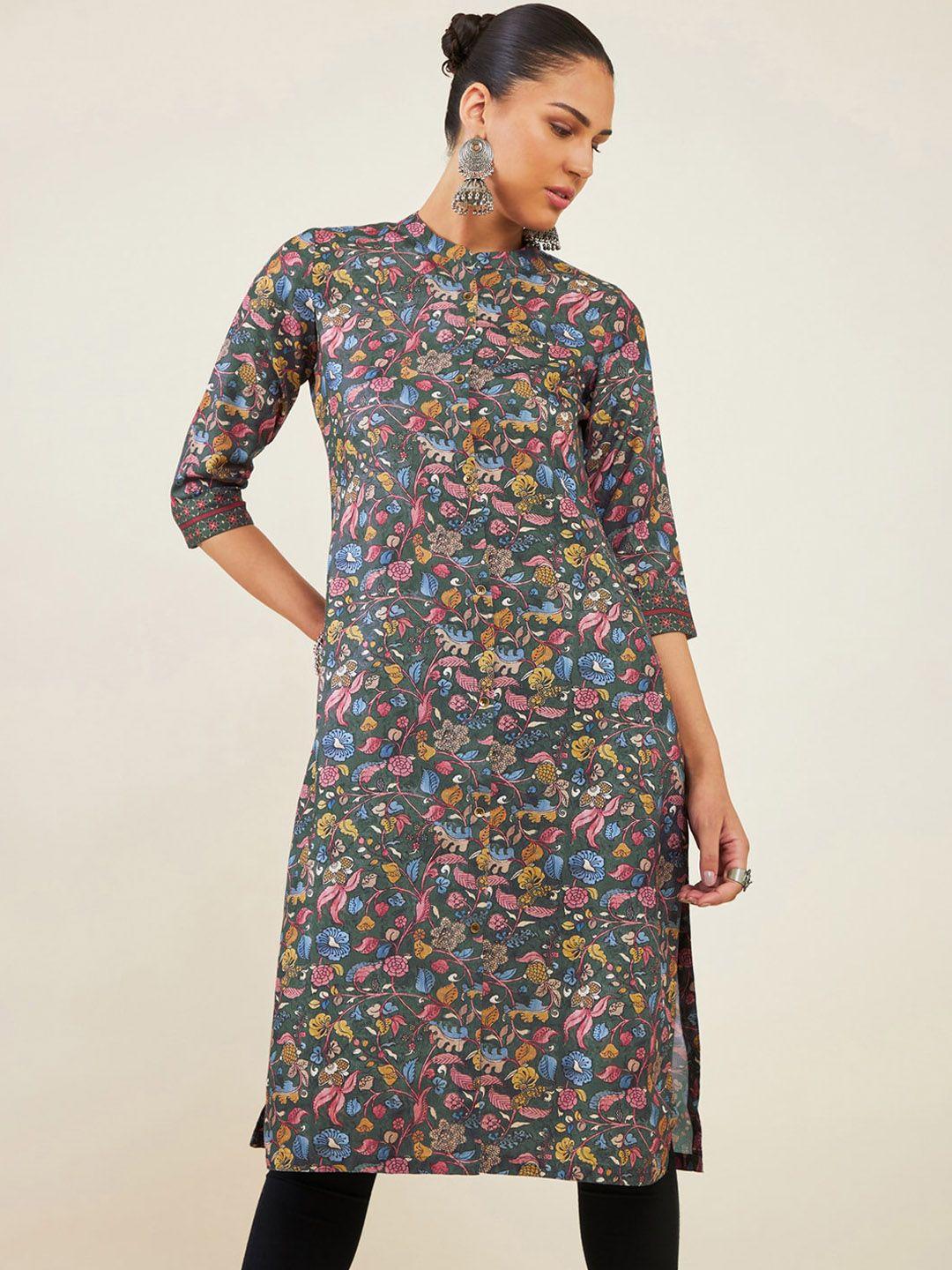 soch mandarin collar floral printed straight kurta