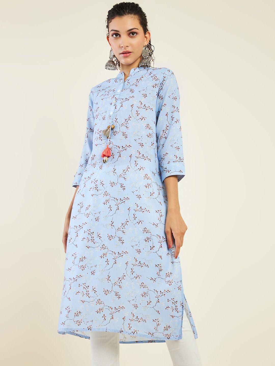 soch mandarin collar floral printed straight linen kurta