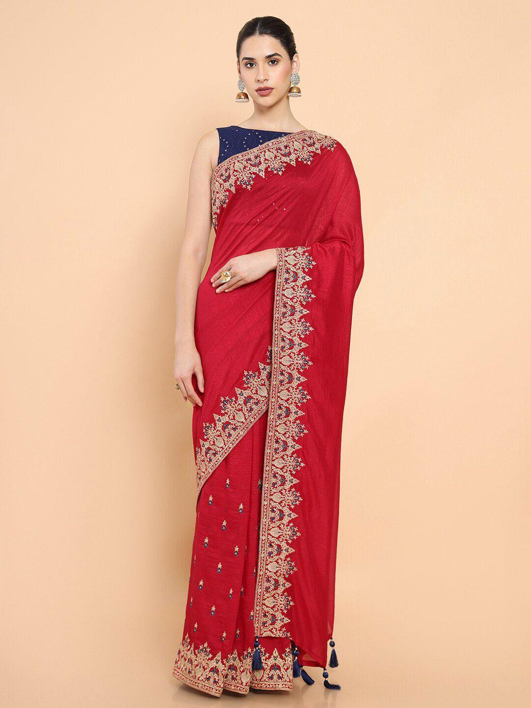 soch maroon & black floral embroidered silk blend saree