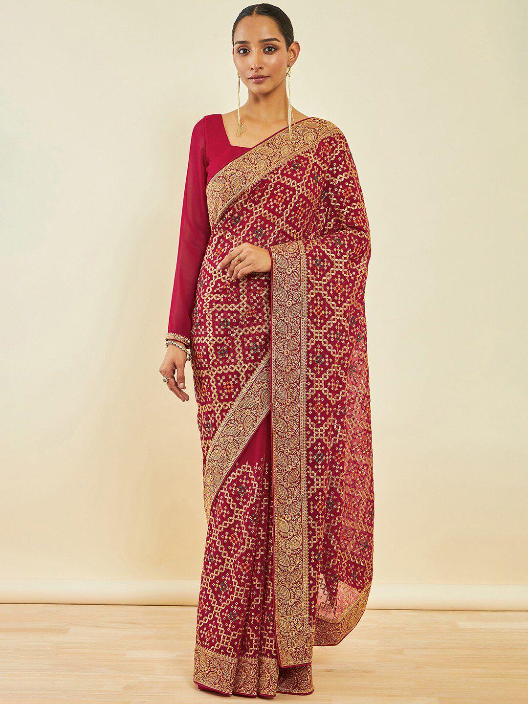 soch maroon & gold-toned ethnic motifs embroidered poly georgette saree