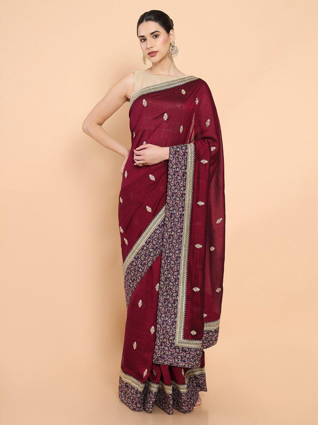 soch maroon & gold-toned floral embroidered silk blend ready to wear saree