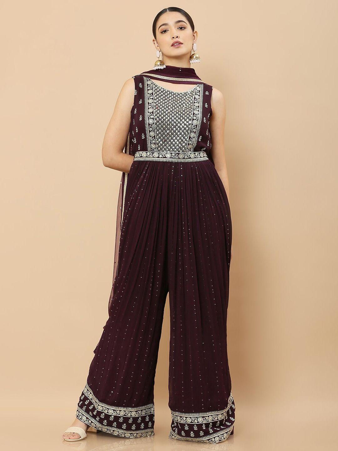soch maroon & silver-toned embroidered basic jumpsuit