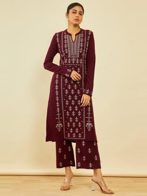 soch maroon acrylic ethnic motifs pattern knitted full sleeves winter kurta set