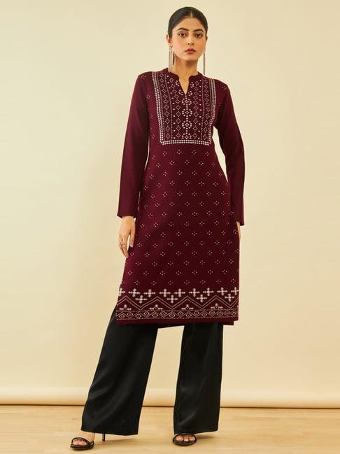 soch maroon acrylic geometric pattern winter kurta with pocket