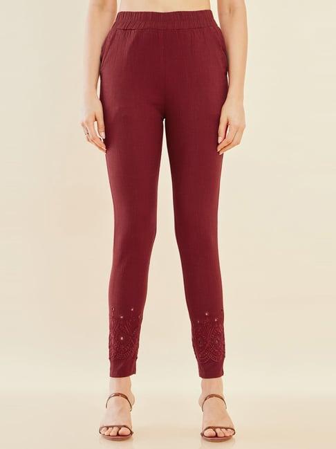 soch maroon cotton embroidered pants