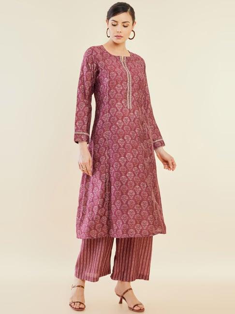 soch maroon cotton printed kurta palazzo set