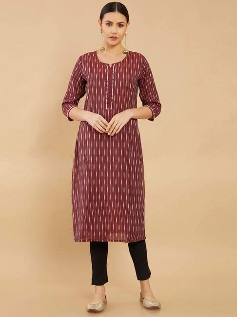 soch maroon cotton striped straight kurta