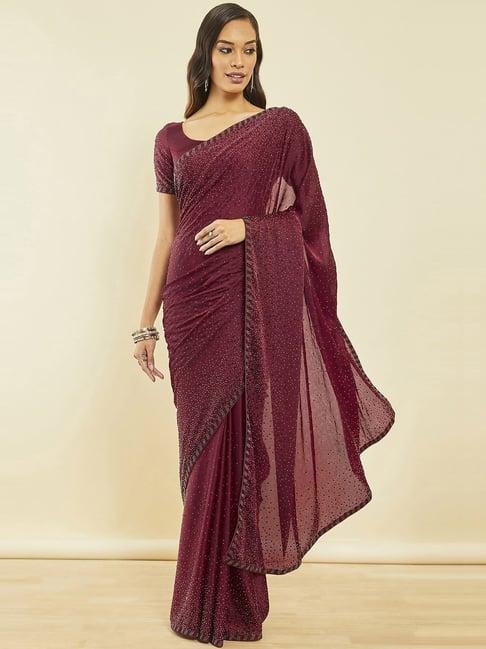 soch maroon crepe all-over stone embellished saree