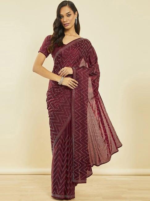 soch maroon crepe chevron all-over stone embellished saree