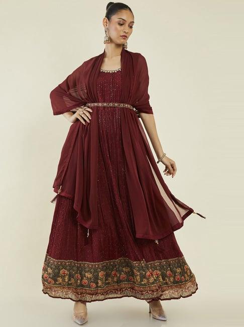 soch maroon embellished kurta pant set with dupatta