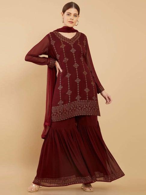 soch maroon embellished kurti sharara set with dupatta