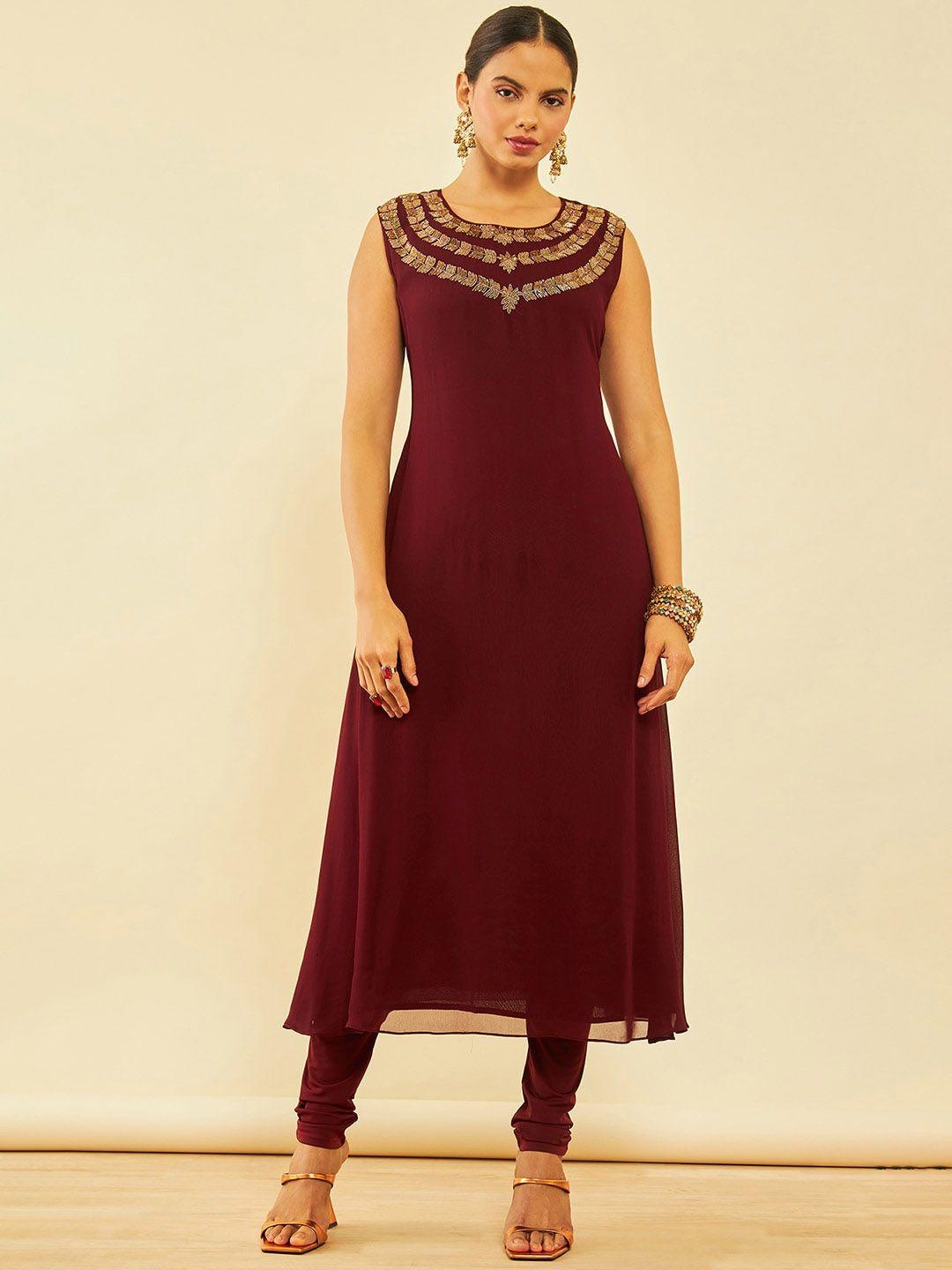 soch maroon embellished regular beads and stones a-line kurta with churidar & with dupatta