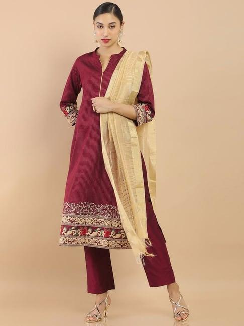 soch maroon embroidered kurta pant set with dupatta