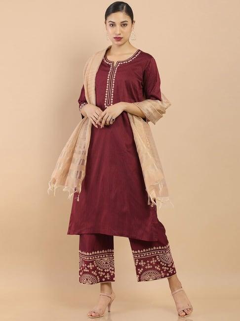 soch maroon embroidered kurta pant set with dupatta