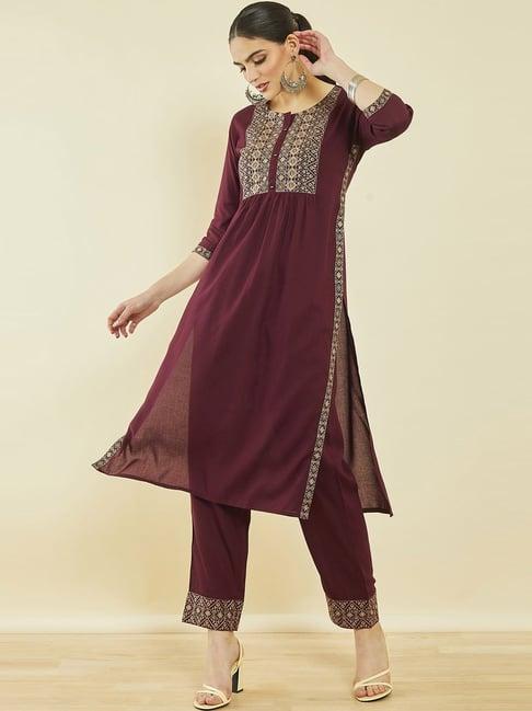 soch maroon embroidered kurta pant set