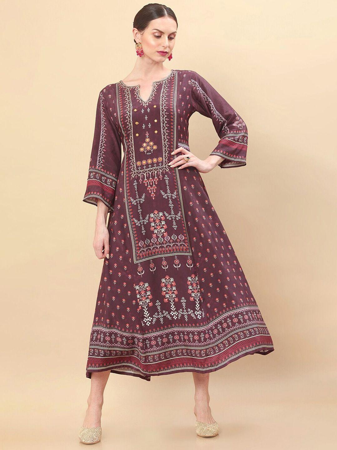 soch maroon ethnic motifs crepe ethnic a-line midi dress