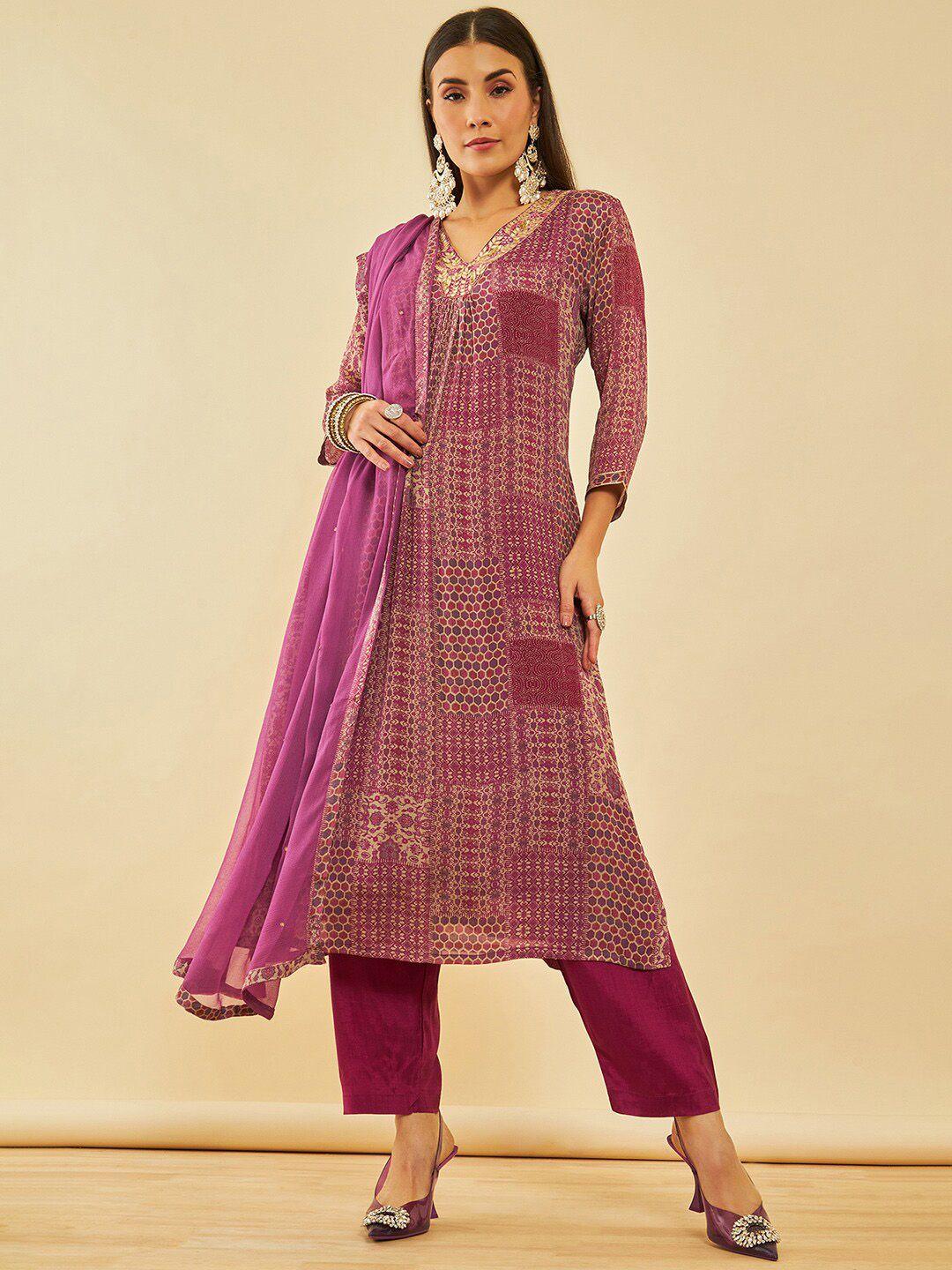 soch maroon ethnic motifs printed thread work straight kurta with trousers & dupatta