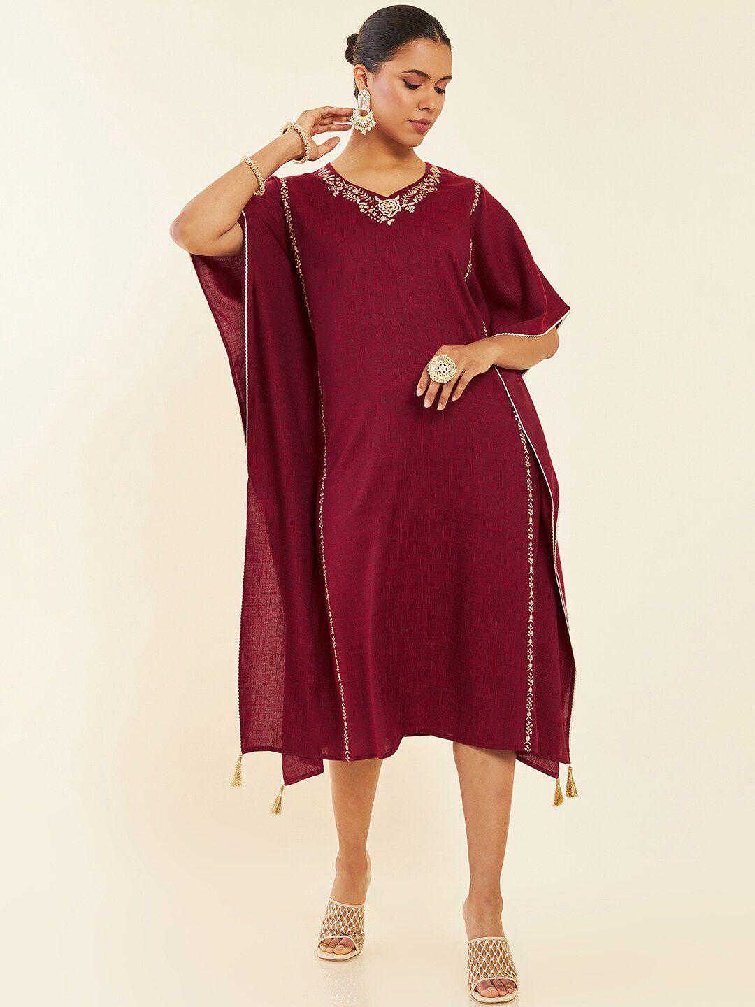 soch maroon extended sleeves embroidered midi kaftan dress