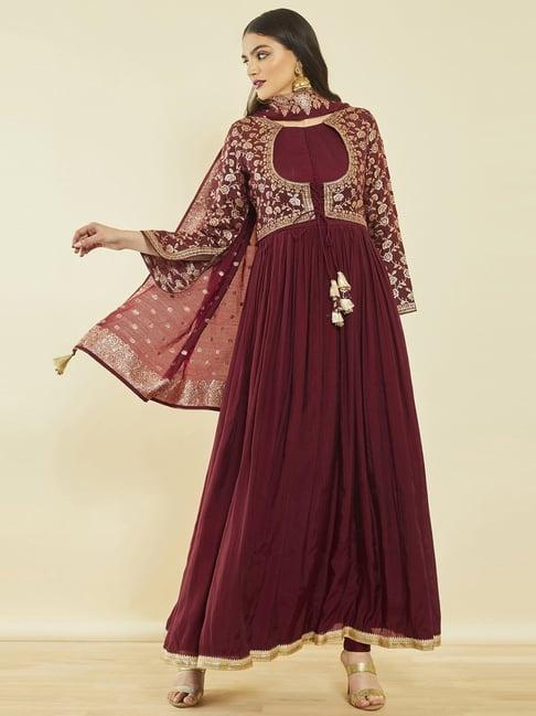 soch maroon muslin zari woven and embroidered suit set with dupatta