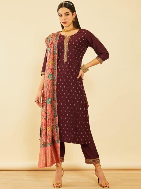 soch maroon silk blend embroidered suit set with thread work
