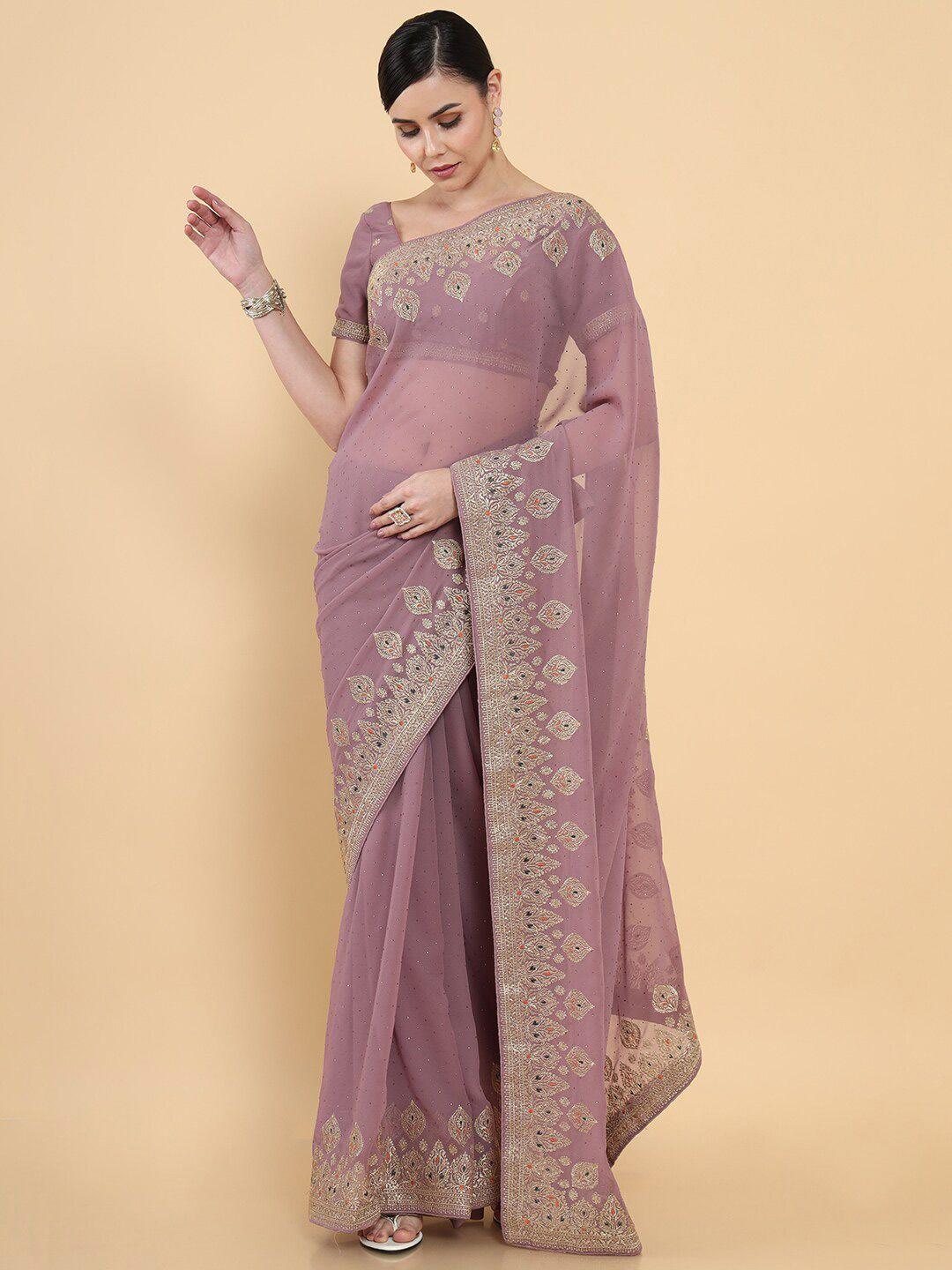 soch mauve & gold-toned beads and stones pure georgette saree