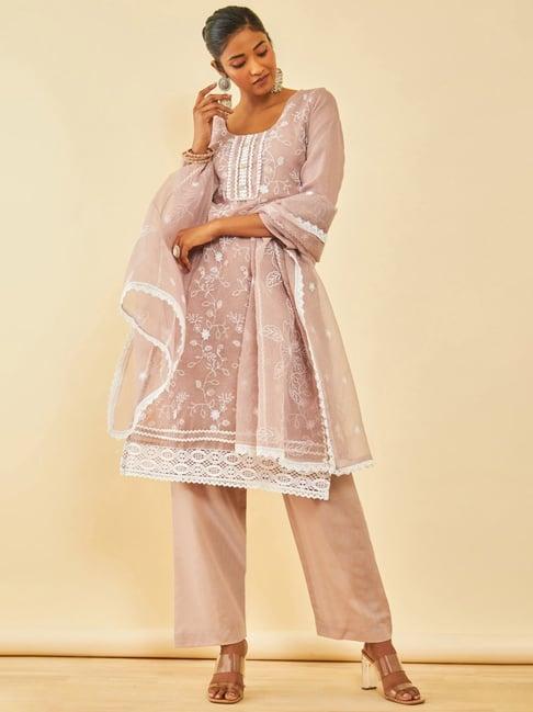 soch mauve kota embroidered unstitch dress material with lace details