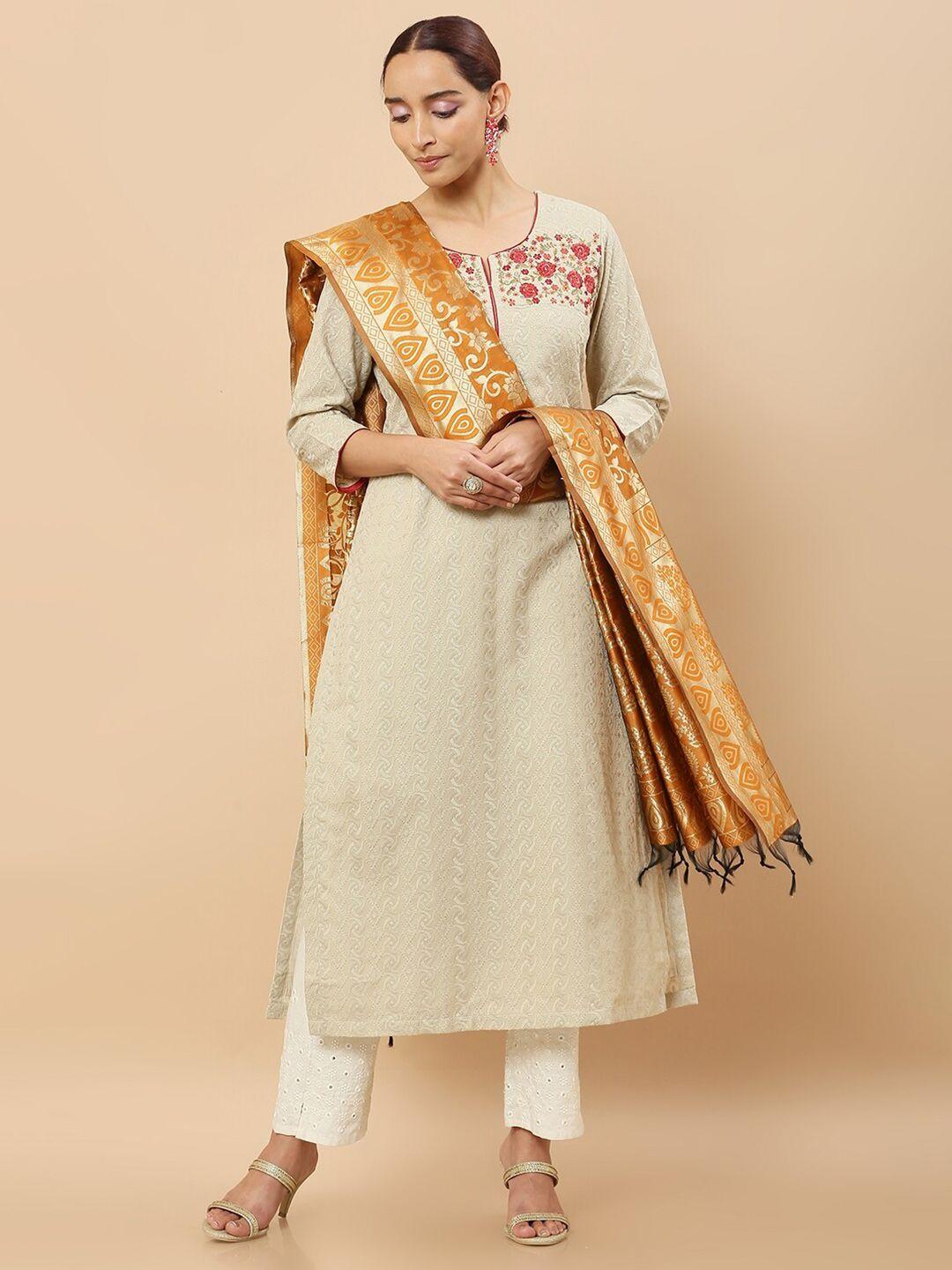 soch mustard & cream-coloured woven design dupatta with zari