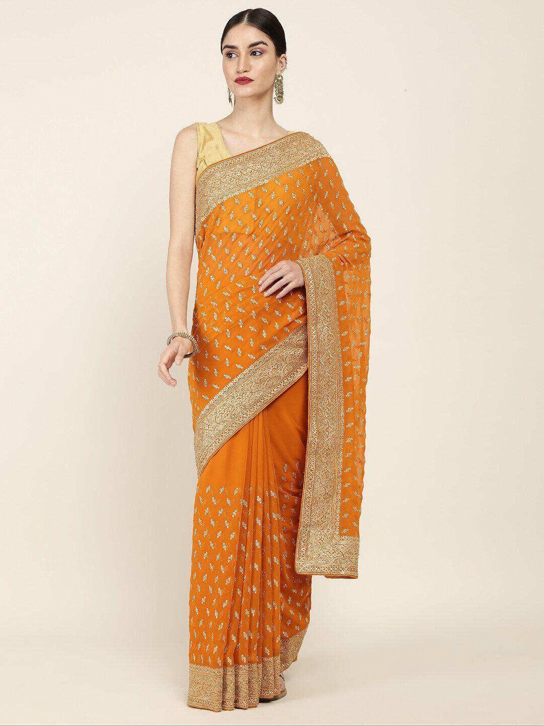 soch mustard & gold floral embroidered saree