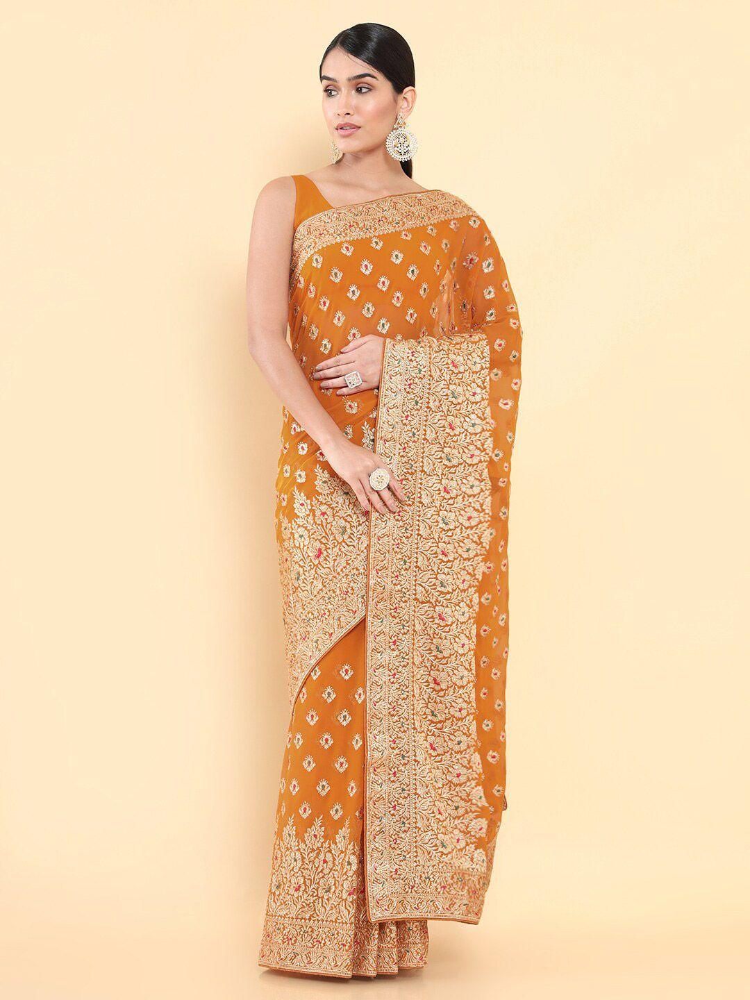 soch mustard & gold-toned ethnic motifs embroidered saree