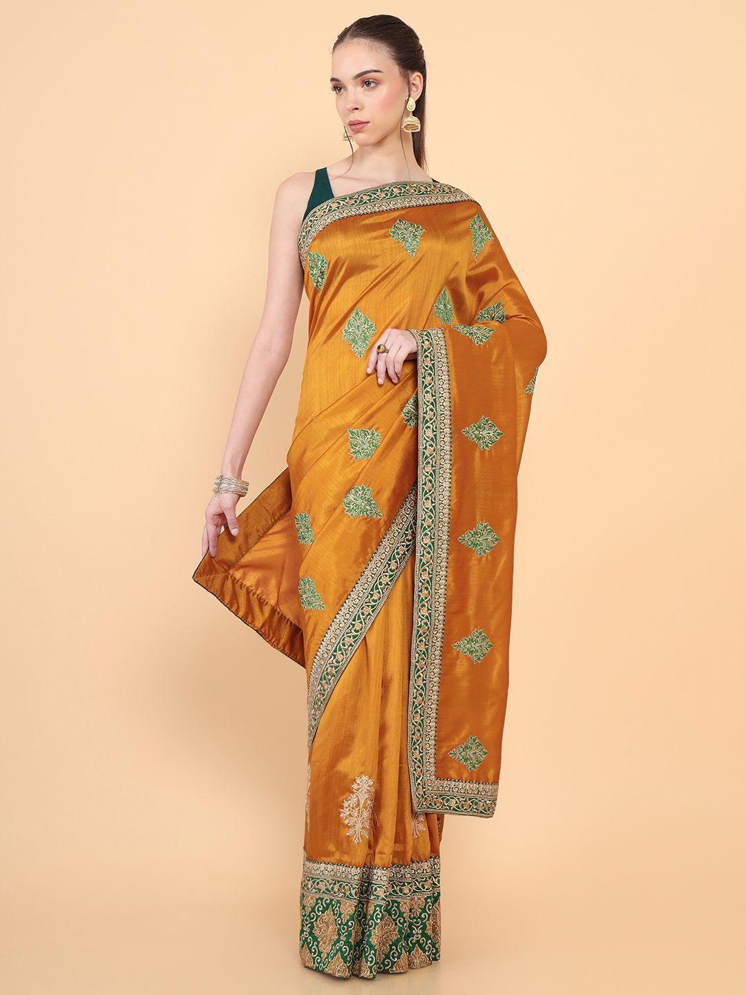 soch mustard & green floral embroidered silk blend tussar saree