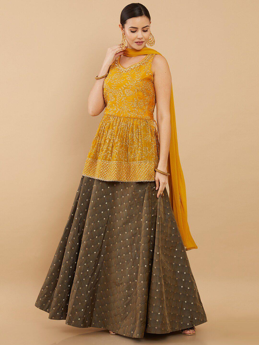 soch mustard & grey embellished thread work ready to wear lehenga & blouse with dupatta