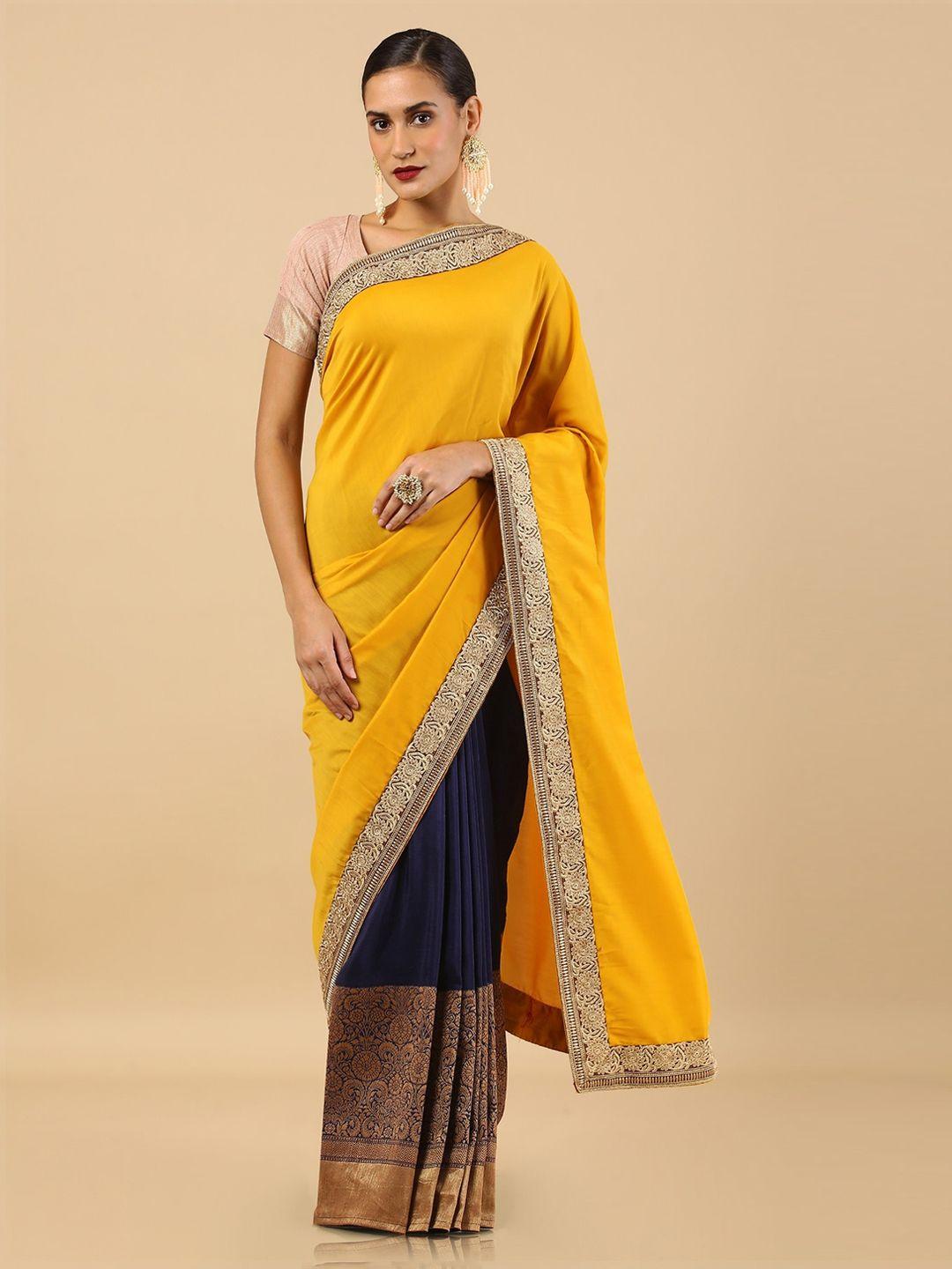 soch mustard & navy blue woven designs embroidered silk tussar saree