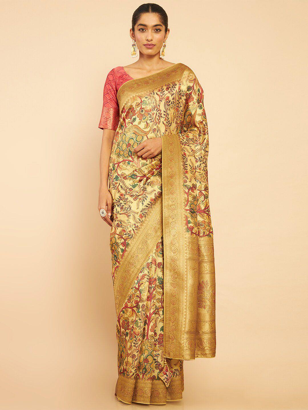 soch mustard & red floral beads and stones silk cotton chanderi saree