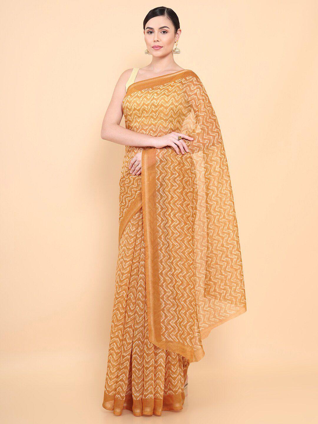 soch mustard & white bandhani pure silk chanderi saree