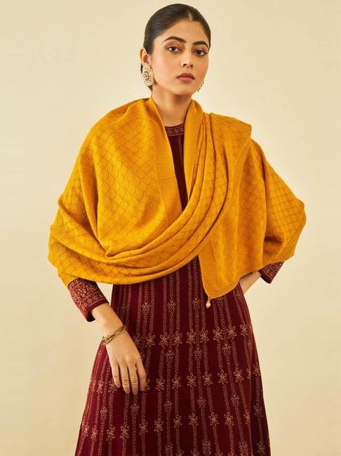 soch mustard acrylic honeycomb pattern knitted shawl with beaded tassels