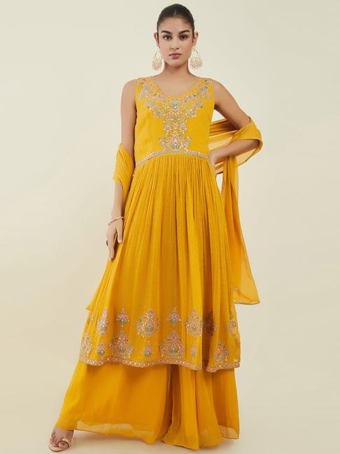 soch mustard embroidered kurta palazzo set with dupatta